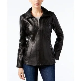 women's relaxed boyfriend blazer -Anne Klein Women's Convertible Collar Zip-front Leather Jacket Black Small - S