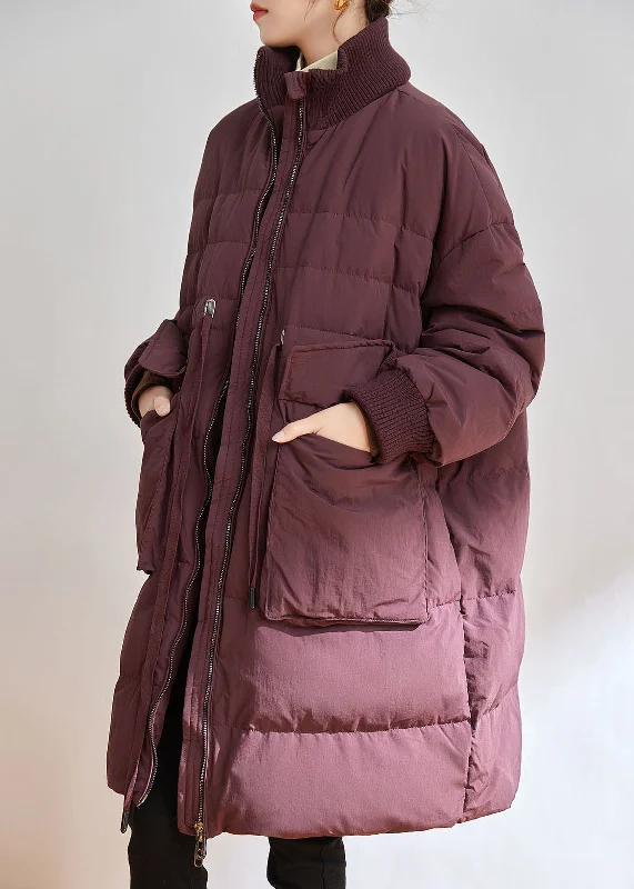 trendy plaid coat for women -Casual Purple Stand Collar Zippered Duck Down Down Coat Winter