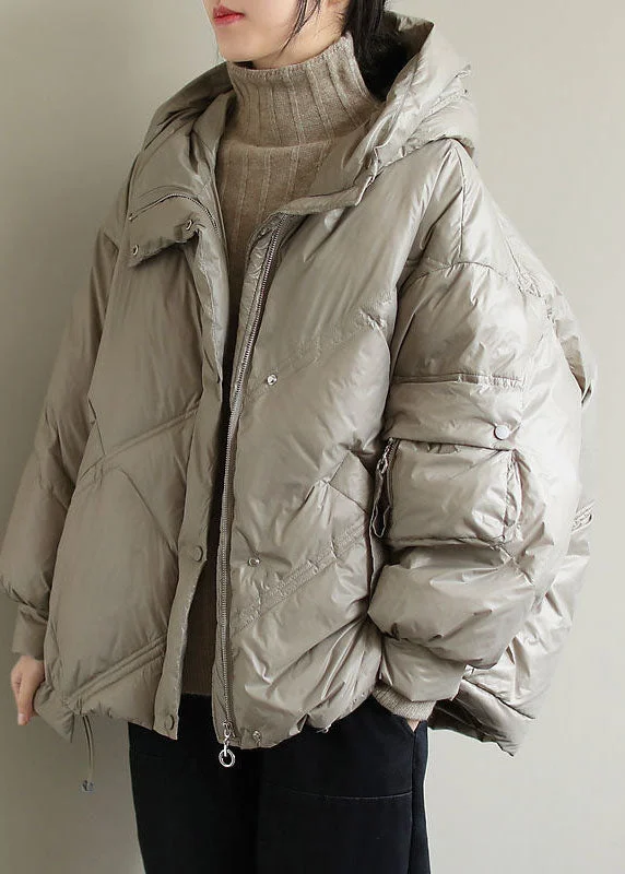 military-style coat for women -Elegant Beige Hooded drawstring Duck Down Down Jacket Winter