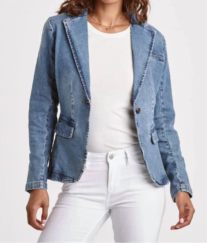 women's casual denim jacket -Mica Denim Blazer Jacket In Medium Wash