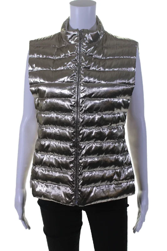 women's faux fur coat -Seventy Womens Metallic Silver High Neck Zip Up Puffer Vest Jacket