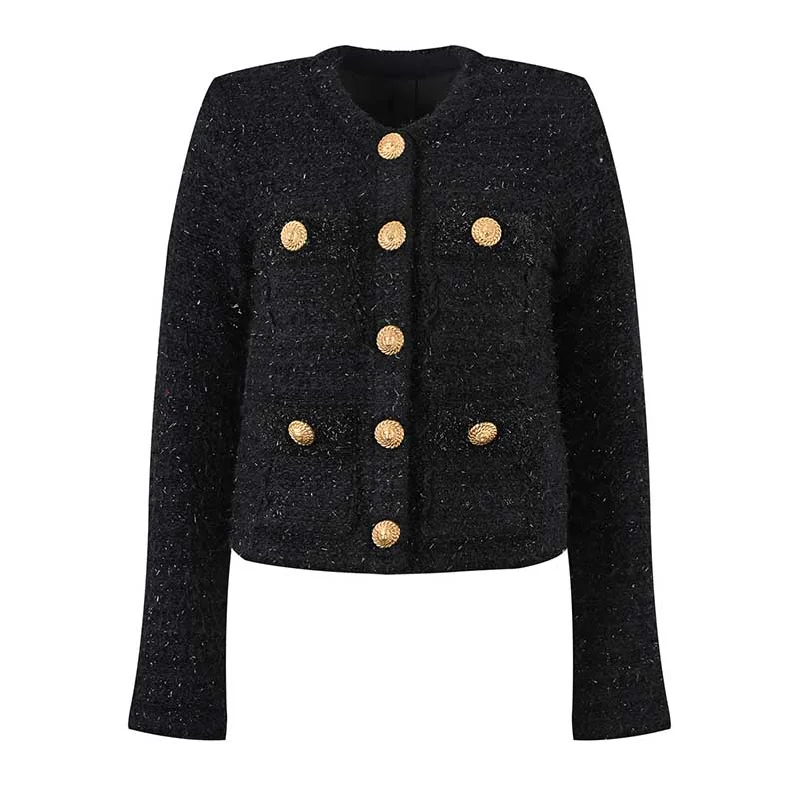 sleek minimalist coat for women -Women's Tweed Jacket Short Coat with Gold Buttons