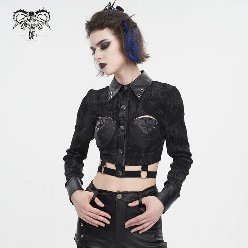 elegant crochet lace blouse for women -Women's Punk Turn-down Collar Cutout Studded Shirt