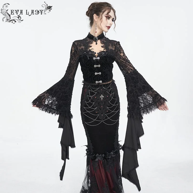 breathable linen camisole for ladies -Women's Gothic Flared Sleeved Lace Splice Shirt