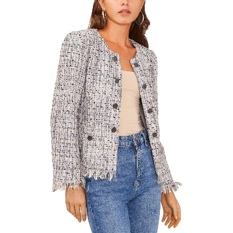 ladies' designer overcoat -Vince Camuto Womens Tweed Fringe Double-Breasted Blazer