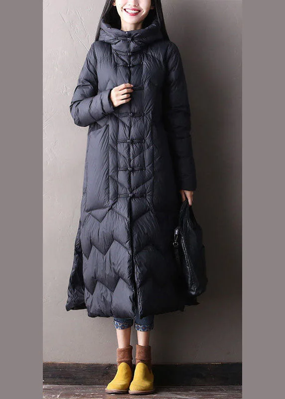 ladies' waterfall drape coat -Chic Black hooded Pockets Oriental Duck Down Winter Warm Down Coat