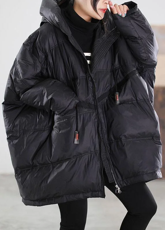 warm shearling coat for women -Women Black Hooded drawstring Duck Down Down Jacket Winter