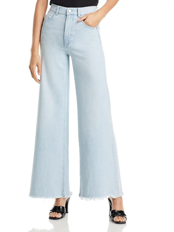 ladies' cropped boyfriend jeans -Womens High Rise Frayed Hem Wide Leg Jeans