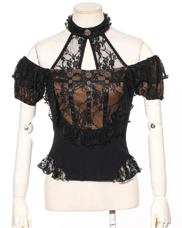 women's twist-front blouse -Women's Steampunk Off Shoulder Lace Splice Halterneck Top