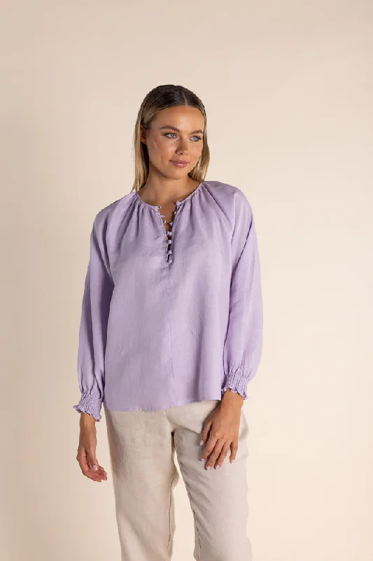 stylish cutout shoulder top for women -Linen Button Front Top - Lilac