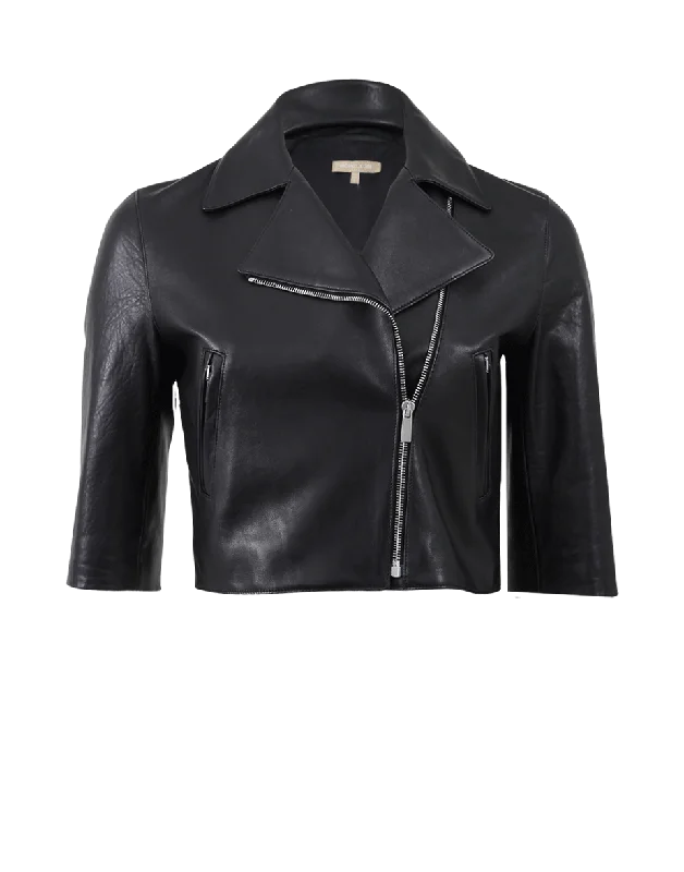 sleek minimalist coat for women -Crop Moto Jacket