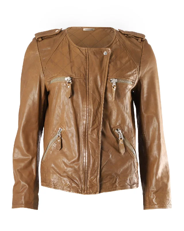 warm down coat for women -Isabel Marant Etoile Kady Motor Jacket in Brown Leather