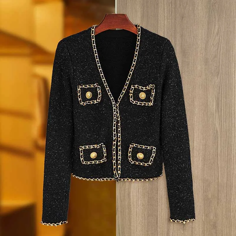 warm shearling coat for women -Women Black Short Sequinned Jacket With Gold Chaim