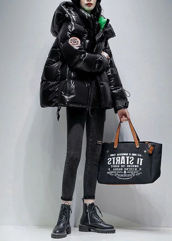 casual linen jacket for women -Women Black Hooded Drawstring Streetwear Duck Down Down Coat Winter