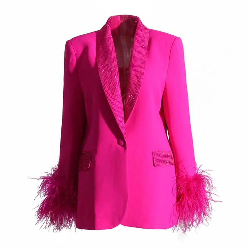 women's varsity bomber jacket -Long Sleeve Feather Crystal Blazer in Hot Pink, White, Black