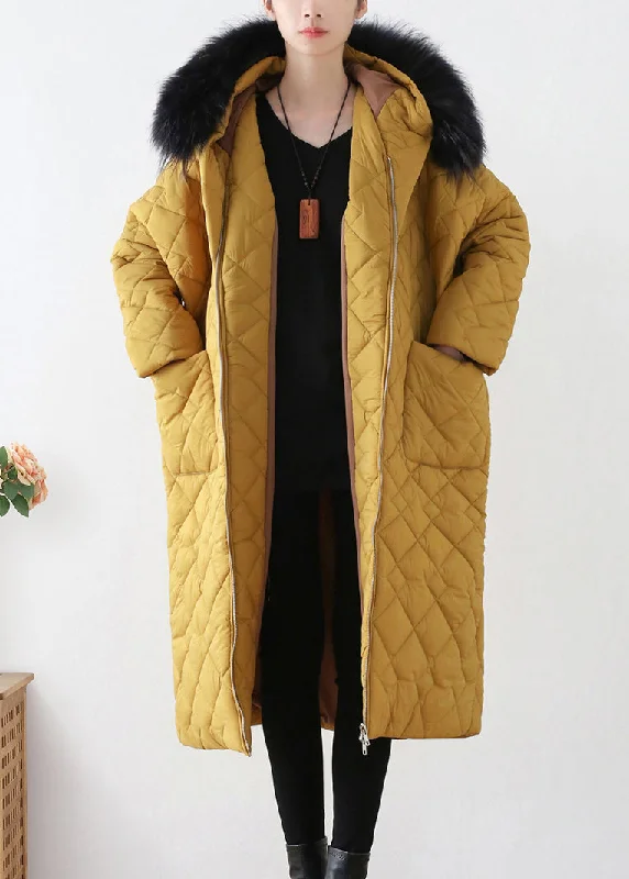 women's relaxed fit blazer -Beautiful Yellow Zippered Warm Hooded Long Parka Winter