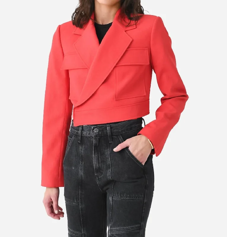 ladies' waterfall drape coat -Reeve Cropped Jacket In Ruby