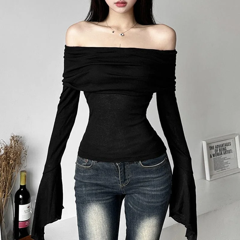 elegant crochet lace blouse for women -Women's Punk Off Shoulder Flare Sleeve Shirt