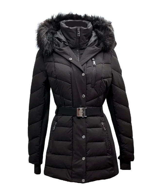 stylish fleece-lined coat for women -Michael Michael Kors Women's Belted Chevron Scuba Stretch Quilted Coat, Black