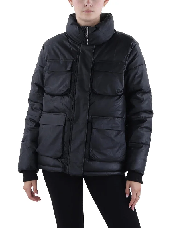 ladies' designer overcoat -Womens Faux Leather Cold Weather Puffer Jacket