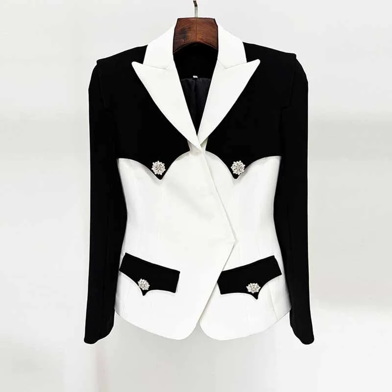 women's stylish blazer -Womne's Black / White Jacket Two-Tone Pockets Blazer