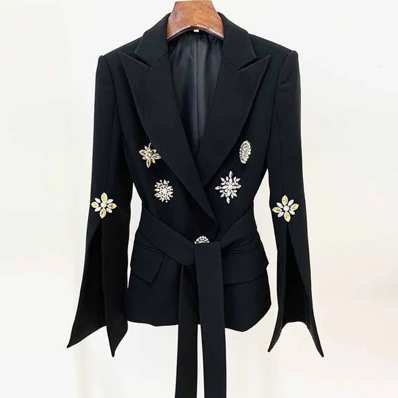 fashionable belted wool coat for women -Women's Belted Embroidery Flare Sleeves White / Black Blazer Jacket Formal Event Blazer