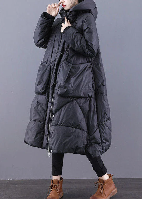 elegant long coat for women -Loose Black Hooded Pockets Duck Down Winter down coat