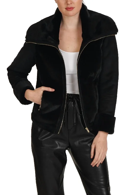 women's oversized corduroy jacket -Eliza Faux Suede/fur Zippered Jacket In Black