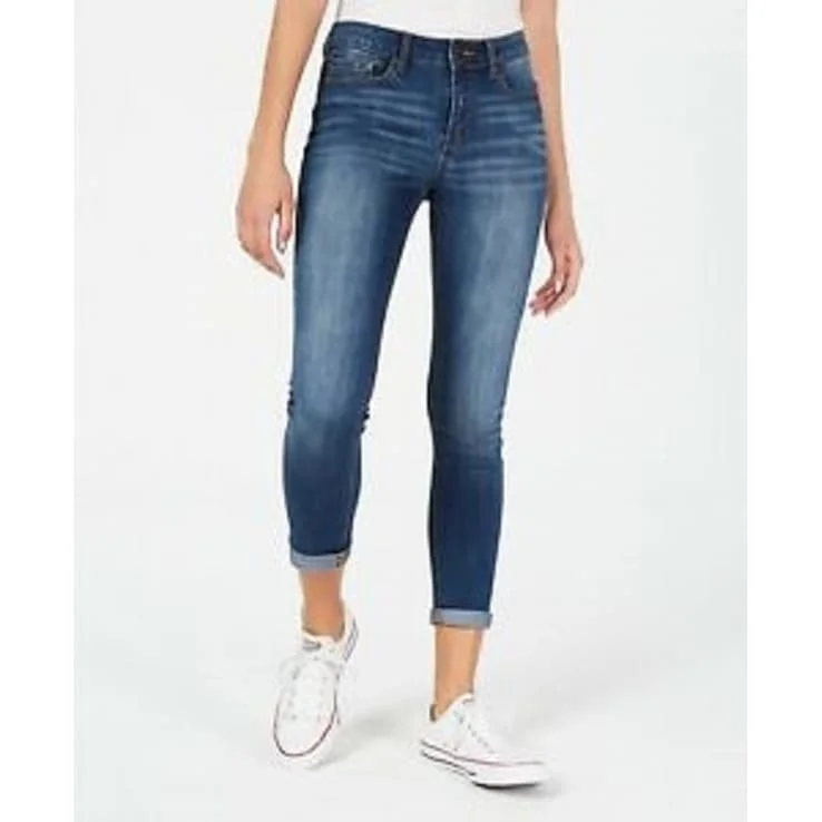 women's raw hem ankle jeans -Indigo Rein Juniors' Cuffed Cropped Skinny Jeans Blue Size 7