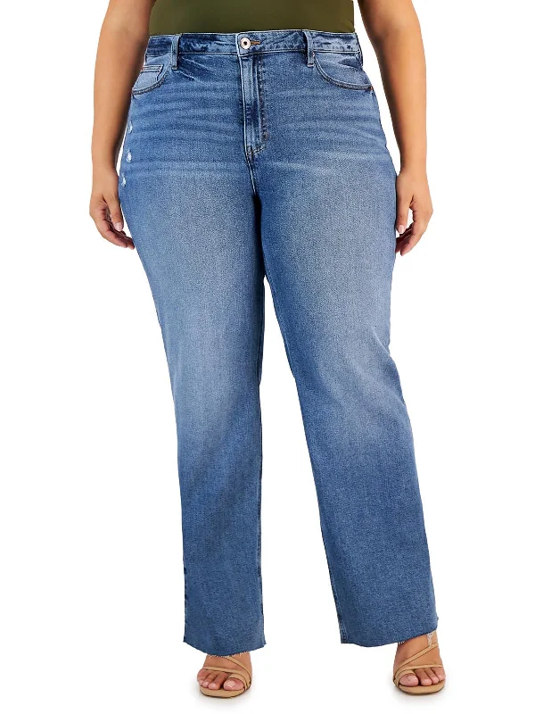 women's ultra-light stretch jeans -Plus Willow Womens High Rise Raw Hem Wide Leg Jeans