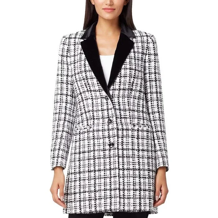 stylish houndstooth coat for women -Tahari ASL Women's Velvet-Collar Plaid Boucle Jacket White Size 2