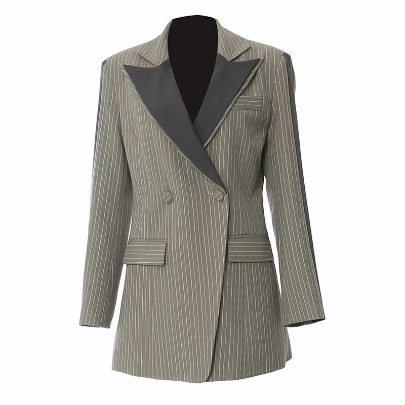 women's waterproof raincoat -Women's Stripe Lapel Blazer Double Collar Straight Coat