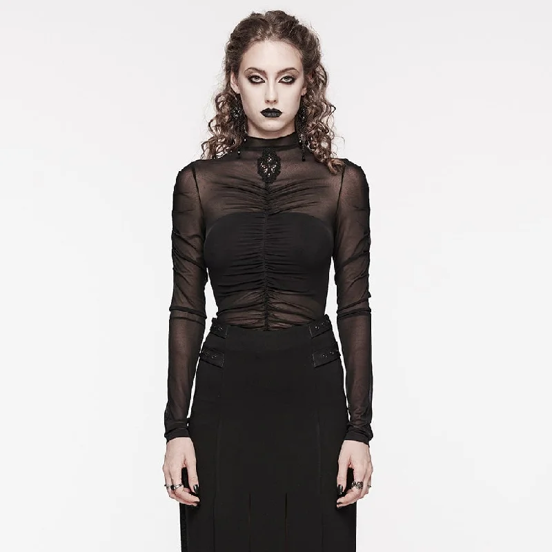 trendy button-down crop top for women -Women's Gothic Floral Embroidered Ruched Mesh Shirt