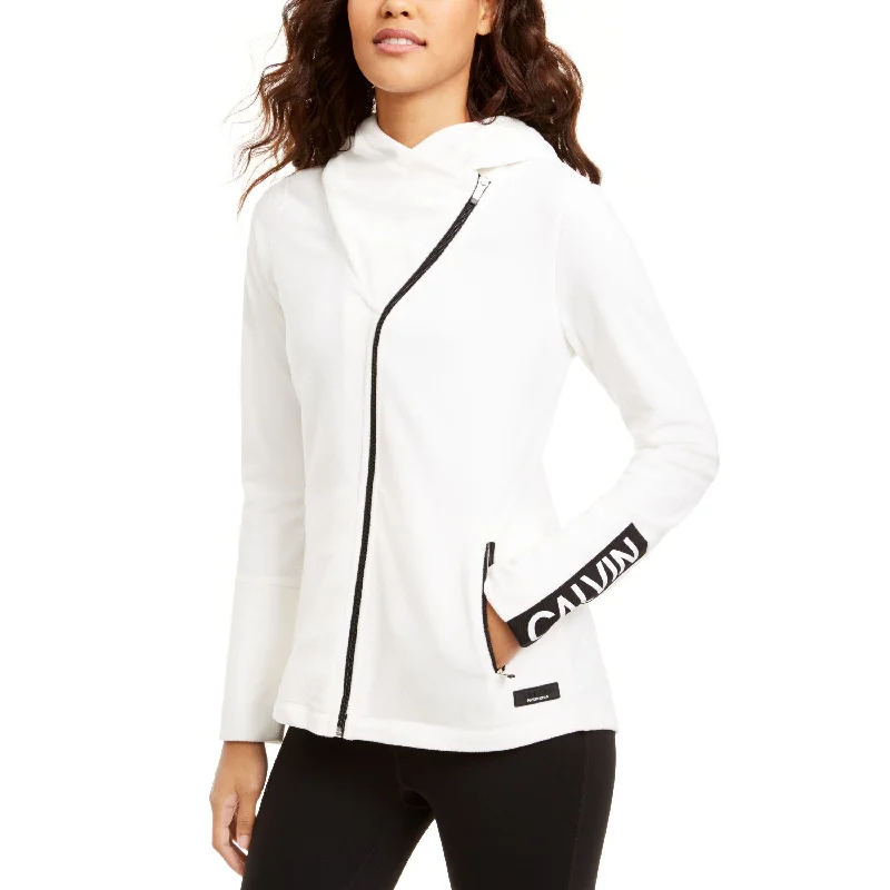 women's relaxed fit blazer -Calvin Klein Women's Performance Asymmetrical-Zip Hooded Jacket White Size X-Large - XL