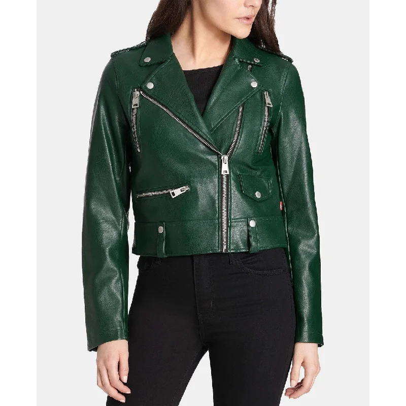 cropped faux leather jacket for women -Levi's Women's Faux Leather Moto Jacket Size Green Size X-Small