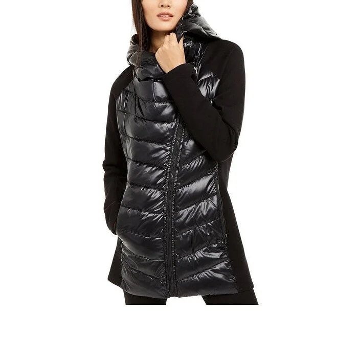 women's classic pea coat -Calvin Klein Women's Asymmetrical Mixed-Media Puffer Jacket Black Size Extra Small - XS