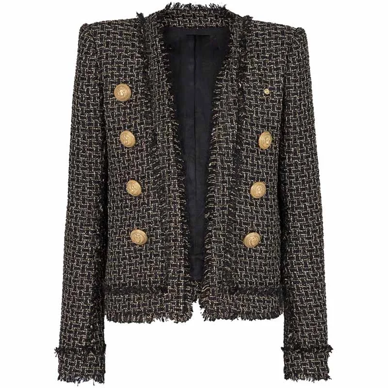 winter-ready women's parka -Women's tweed fringe cardigan jacket Gold Plaid jacket