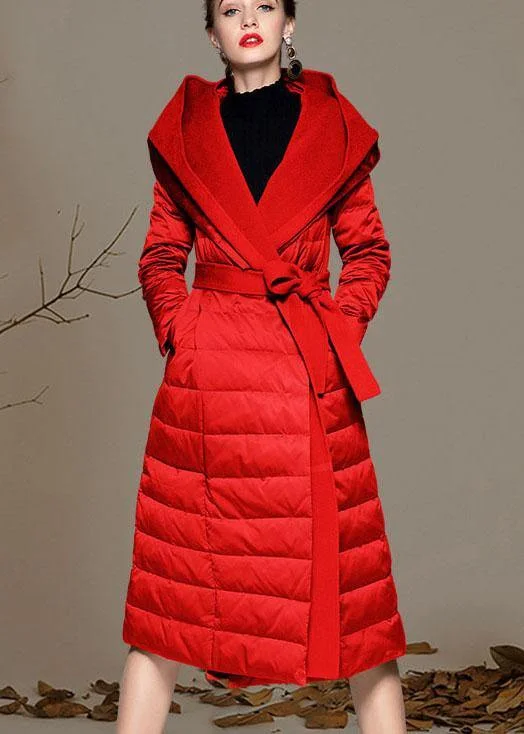 ladies' fur-lined jacket -Red hooded Patchwork slim fit Winter Duck Down Coats