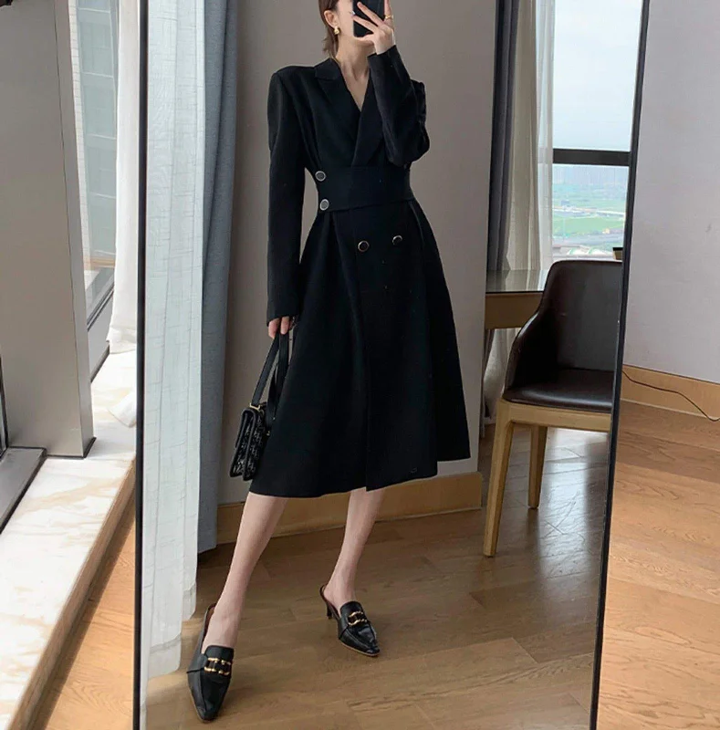 women's thermal long coat -Black Belted Double Breasted Fit & Flare Blazer Coat