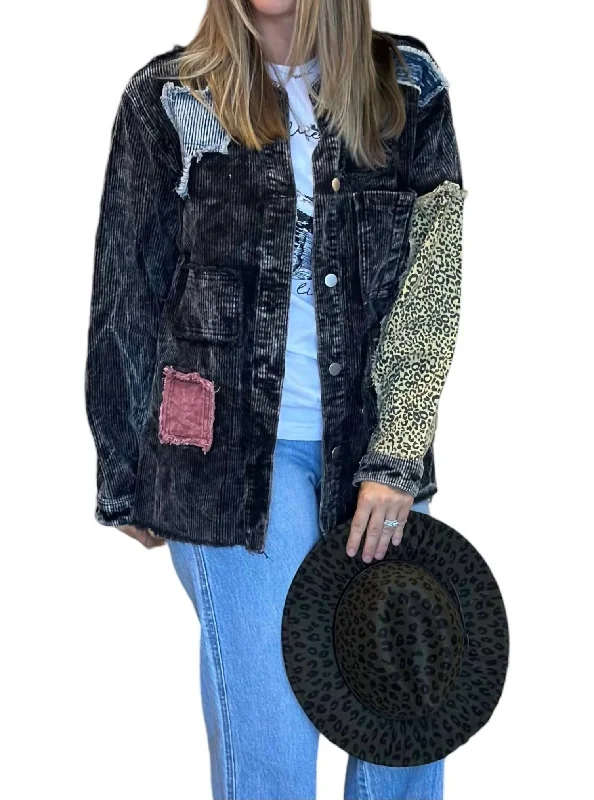 classic women's wool coat -Patchwork Corduroy Jacket In Distressed Black