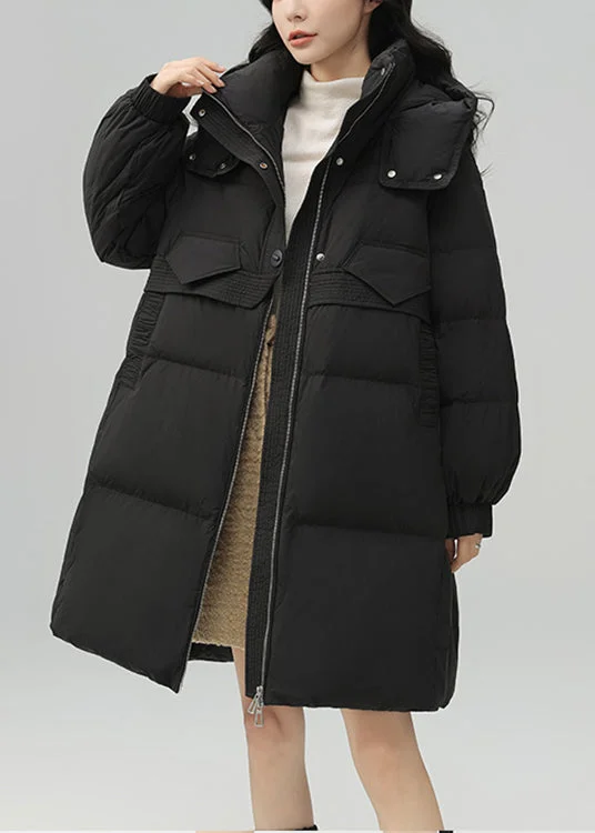 women's travel-friendly jacket -Plus Size Black Zippered Pockets Patchwork Duck Down Coat Winter