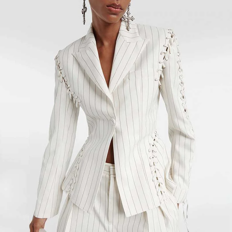 women's oversized corduroy jacket -Lace Up White Striped Print Lapel Collar Single Breasted Tailored Blazer