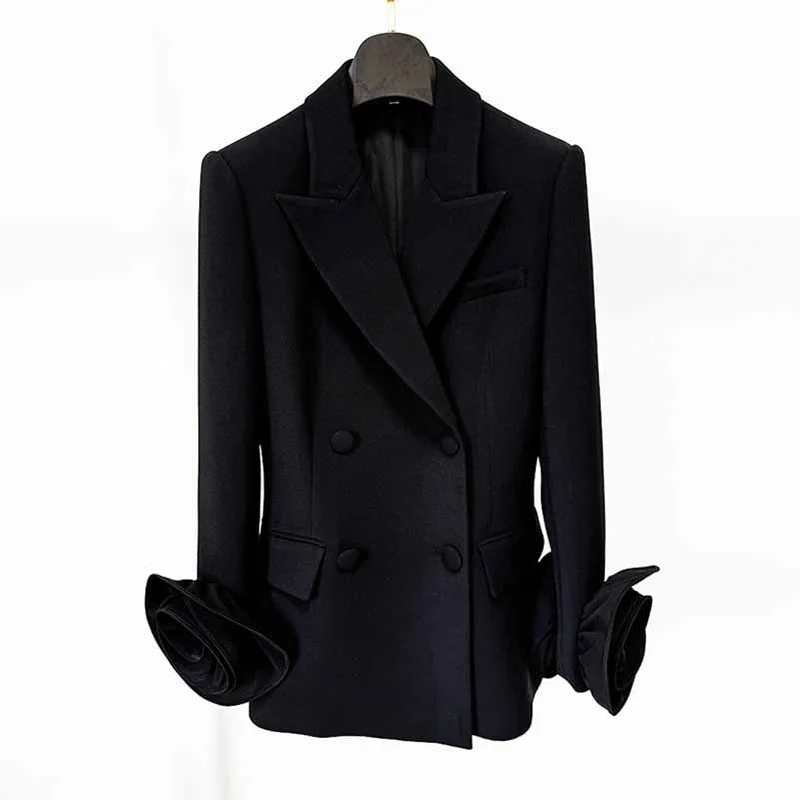 ladies' fur-lined jacket -Women's Black Slim Double-Breasted Jacket Flower Embellished Blazer