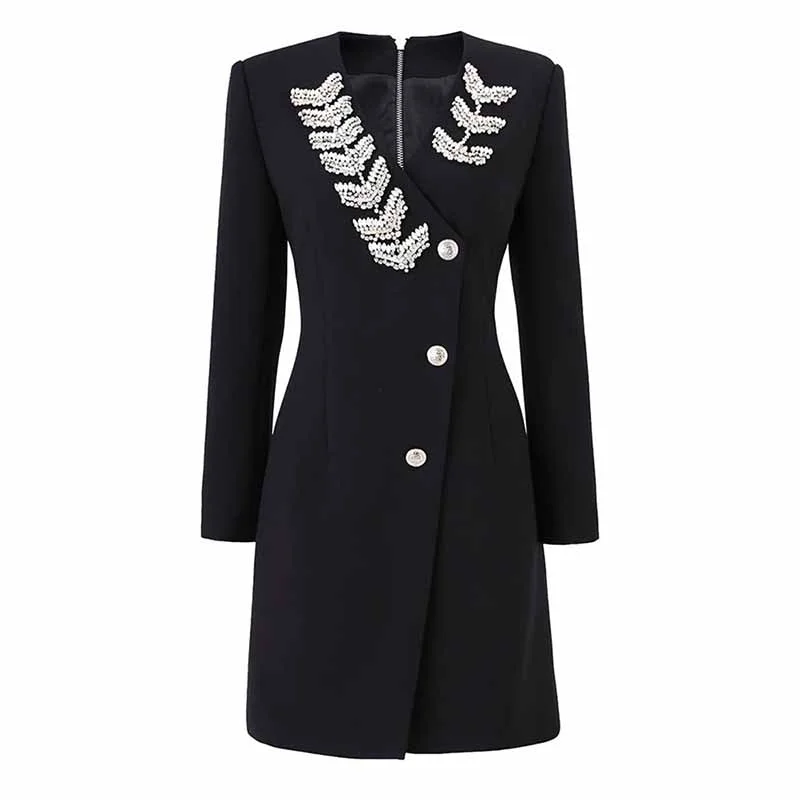 chic oversized blazer for women -Women Mid Length Black Nail beaded Blazer Dress