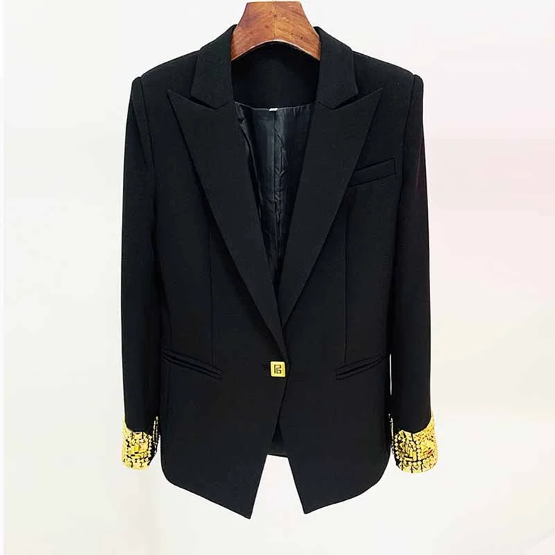 women's oversized corduroy jacket -Women's Luxury black One Button Blazer Hand Sewn Golden Metal Studs Mid-length Blazer Coat