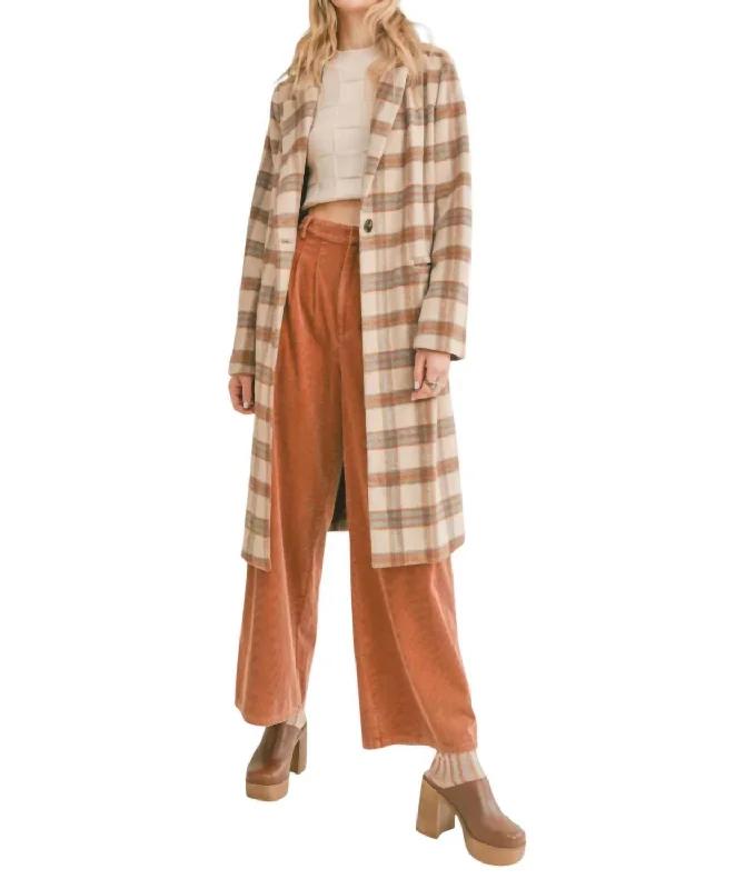 stylish longline coat for women -Nature Lover Plaid Coat In Taupe