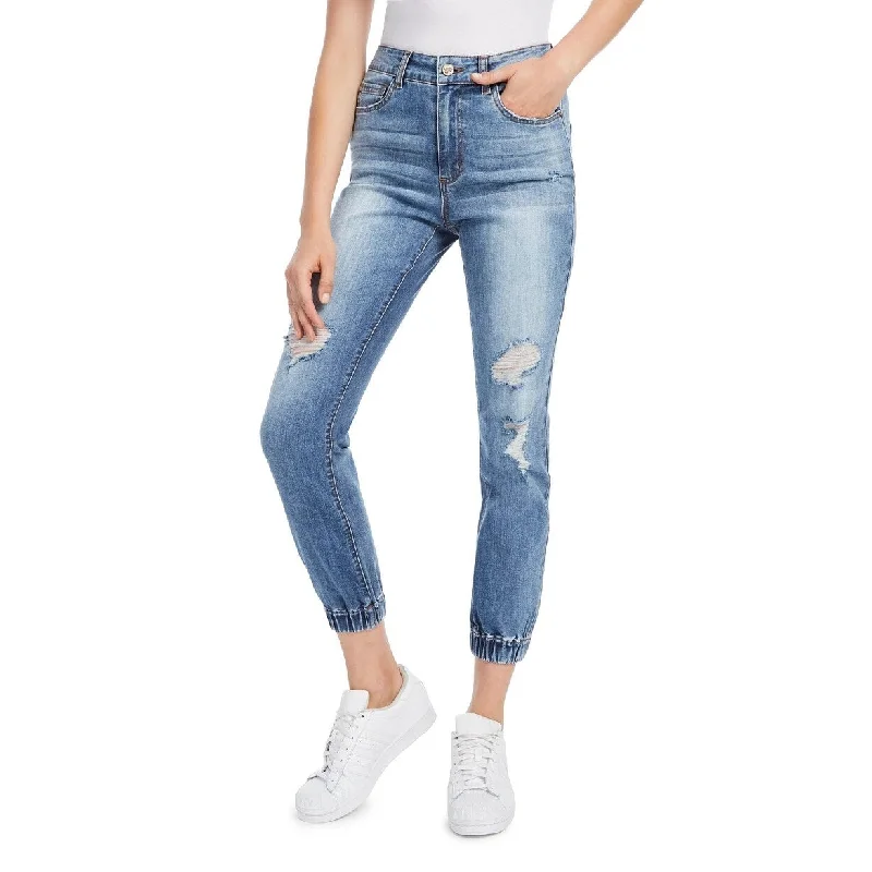 high-rise tapered jeans for women -Dollhouse Junior's Ripped Jogger Jeans Medium Blue Size 3