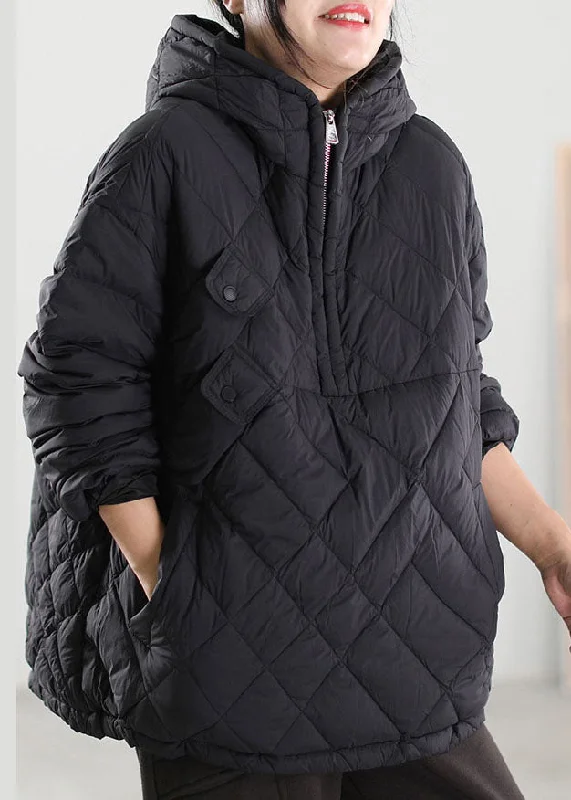 versatile casual coat for women -Plus Size Black Hooded Patchwork Duck Down Down Coat Winter