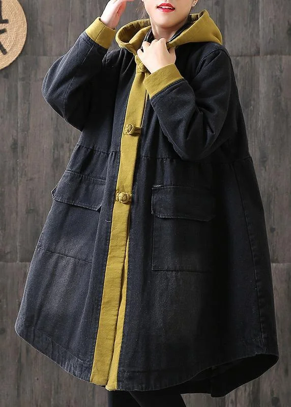 women's travel-friendly jacket -Organic Yellow hooded Button Pockets Patchwork Winter Cotton Long sleeve Coat