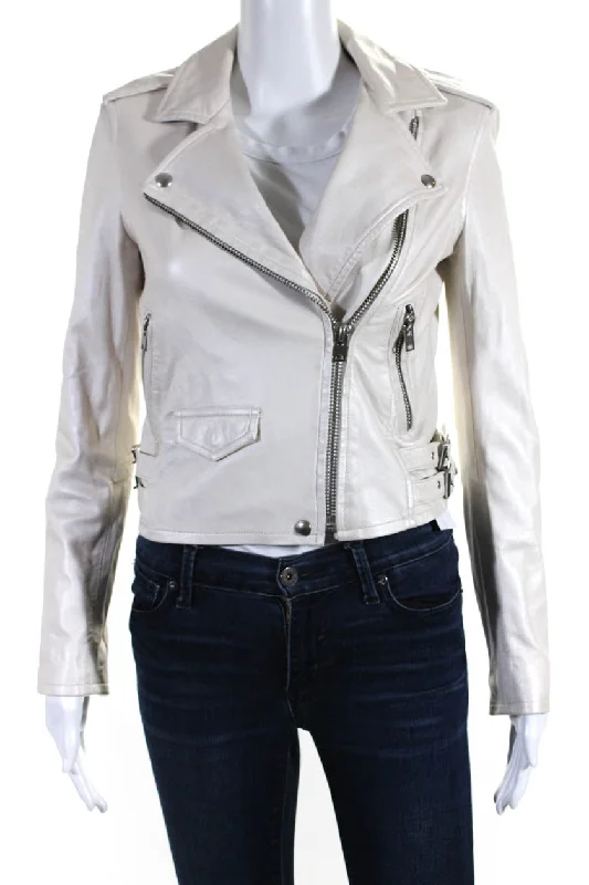 classic trench raincoat for women -IRO Womens Leather Long Sleeves Ashville Motorcycle Jacket White